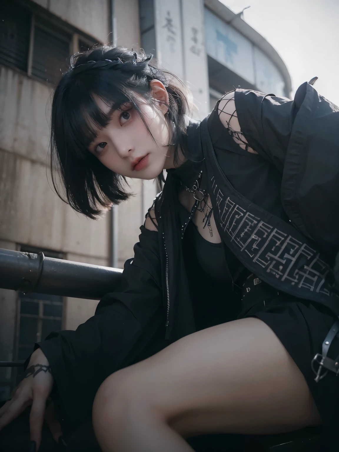 from below, minimum, harmony, tranquility, aesthetic, Steel tower with fine texture details, blue sky, 1 Girl , 24-years-old, slender, floating Medium Hair, bangs, (Gothic_Punk:1.2), masterpiece, best quality, RAW Photos, sigma 50mm f1.4, candytt