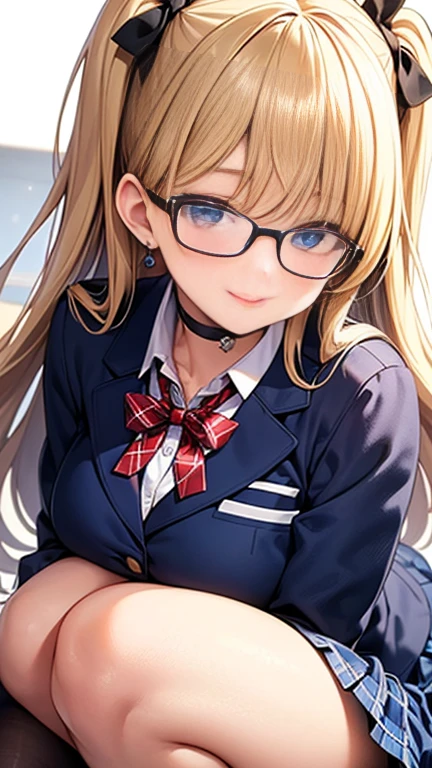 ((highest quality)), ((masterpiece)), (detailed), (Character Focus、breast focus,whole body), (One Girl: 1.1)、Anime 2D Rendering, Realistic young anime woman,
Perfect Face, Beautiful fine details, Beautiful body, Beautiful thighs, Beautiful feet, White beautiful skin、Perfect round butt、 Big Breasts、
Blonde、(Straight long hair)、Dark blue eyes、double eyelid、
Spread your chest wide、Red ribbon tie、((Blue blazer、White collared shirt, Blue plaid pleated skirt))、(Black Pantyhose、loafers)、Earrings、(Red-rimmed glasses:1.2)、(Black choker:1.2)、
Face towards the viewer、A pretty face and a charming smile、