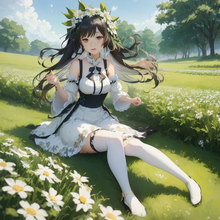 anime girl sitting in a field of daisies with a flower crown, hestia, cute anime waifu in a nice dress, anime goddess, official artwork, guweiz on pixiv artstation, fine details. girls frontline, in dress, from girls frontline, smooth anime cg art, beautiful anime girl, beautiful fantasy anime, official art