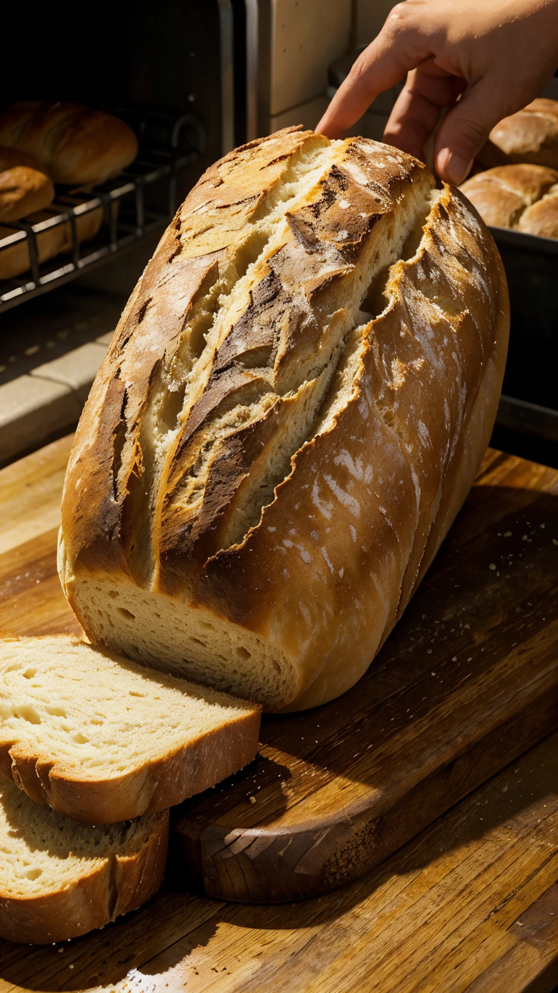 (best quality,ultra-detailed),(realistic:1.37),close-up of a loaf of bread coming out of the oven,freshly baked bread,baker's hands taking out the bread,crusty exterior,soft interior,steam rising from the bread,artisanal bread,traditional baking methods,wood-fired oven,hand-kneaded dough,delicious aroma,artisan's love and dedication,food photography,vibrant colors,warm golden tones,natural light.