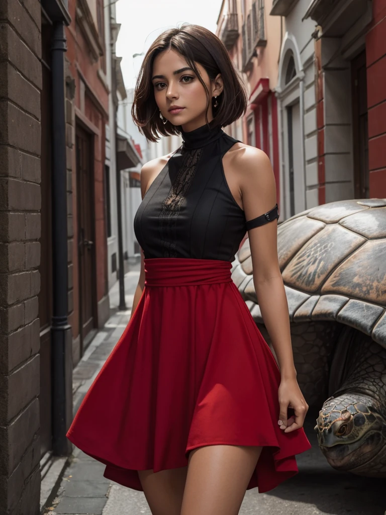 Chica con vestido rojo, cuello de tortuga, guantes negros hasta el antebrazo