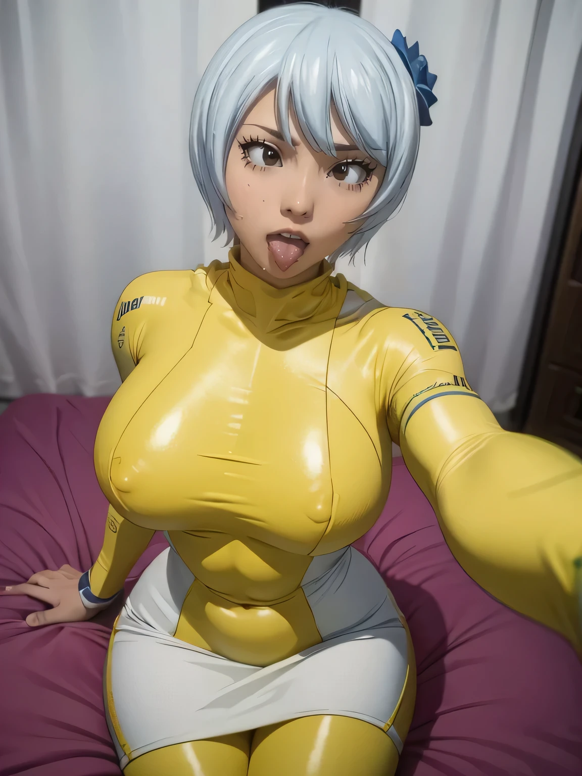 8K, Best quality, masterpiece, ultra high resolution, (realism: 1.4), original photo, (Realistic skin texture: 1.3), (granularity: 1.3), (Selfie angle), (30 years),woman , Beautiful eyes and facial details, masterpiece, Best quality, Close-up, Whole body,( huge pectoral muscle),(yellow bodysuit),I look at the viewer,(open mouth),(Sitting on the bed)on the knees