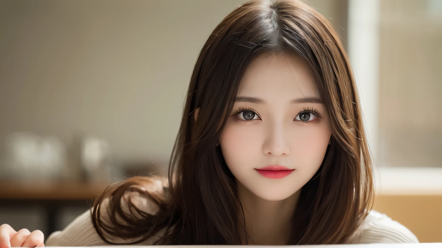 On the table, best quality, shape, Ultra Detailed, Finely, high resolution, 8k wallpaper, 完璧なダイナミックな構shape, Beautiful and delicate eyes, Medium Length Hair, Small Breasts, Natural lipstick, Casual sexy pose,Smile,20 year old girl、midnight、Beautiful and detailed face、Perfect beautiful face,big eyes、original photo、Expressing female posture using the whole body、Beautiful and delicate eyes、Small face、Beautiful duplex、Facelift and style,skirt、Beautiful golden ratio face,Long hair