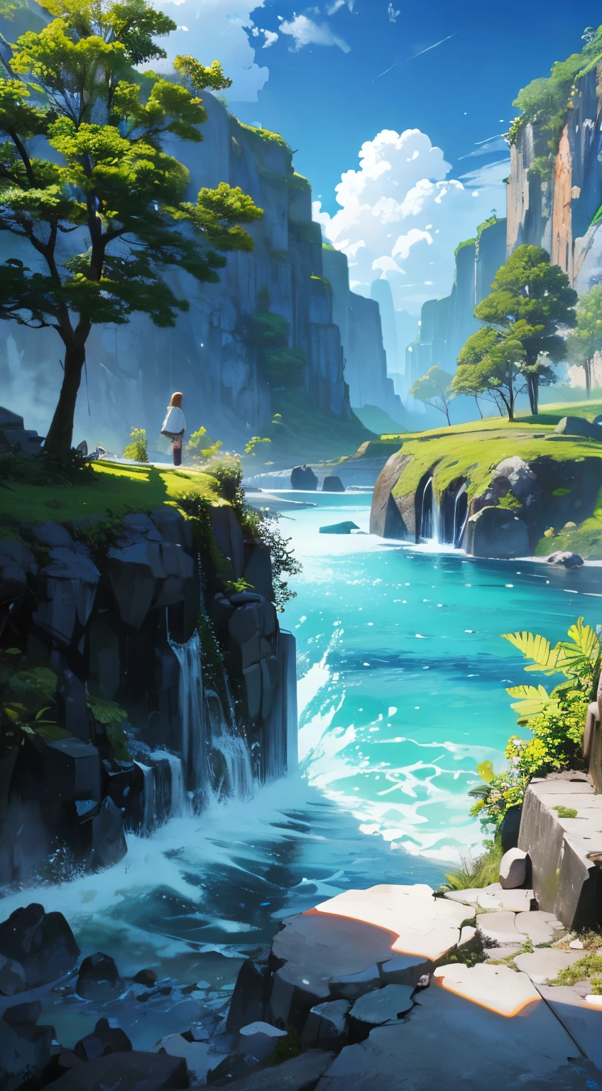 No human, Tropical forest river, stone,big clouds beautiful sky, masterpiece,UHD, hd detailed