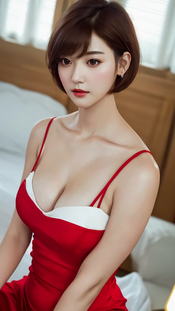 Professional photography, 16K, ultra realistic, super detailed, high resolution, best quality, head: 1.3, 1girl alone, (Korean K-pop idol), pale-brown short hair, hair fringe, silky hair, pale-white skin, illuminated skin, realistic shading, realistic textures, sharp focus, ( cinema lighting), clavicle, Morning, soft light, dream aesthetic, dream atmosphere, dynamic angle, [: (face detail:1.2):0.2], natural big breasts, tight slit, beautiful red dress, hot slim, mid-chest, cleavage, slim body whole, slim belly, big hips, thick thighs, different positions in various types of angles. 