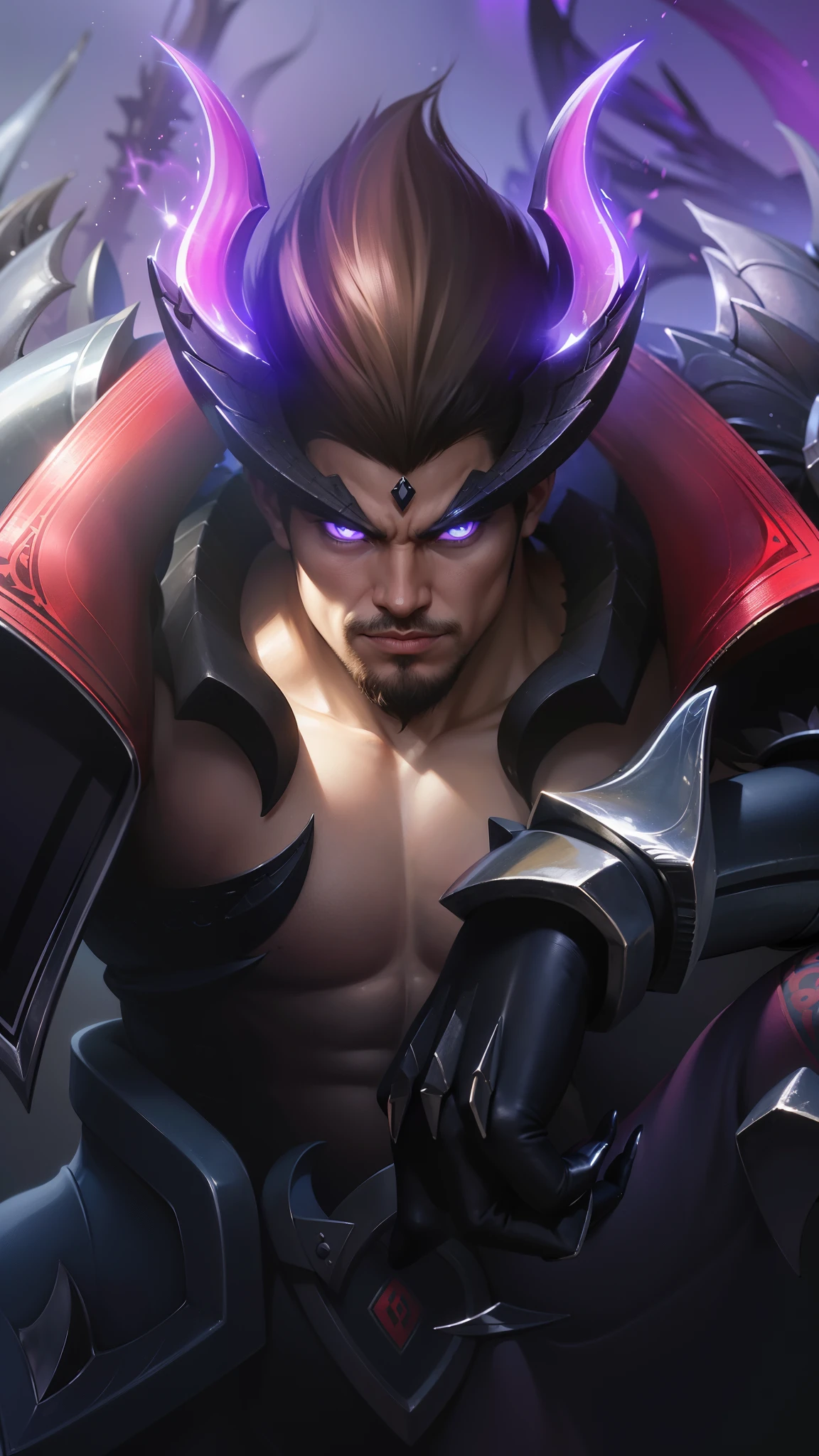 a close up of a guy with a sword and armor, gilgamesh, portrait of dragoon, casimir art, roguish smirk, sylas, official splash art, mobile legends, Best quality, masterpiece, detailed skin texture, detailed clothes texture, detailed face, super detail, 8k, intricate detail, 1 boy, The color doesn't change, Muscle guy, 1 guy, purple eyes.