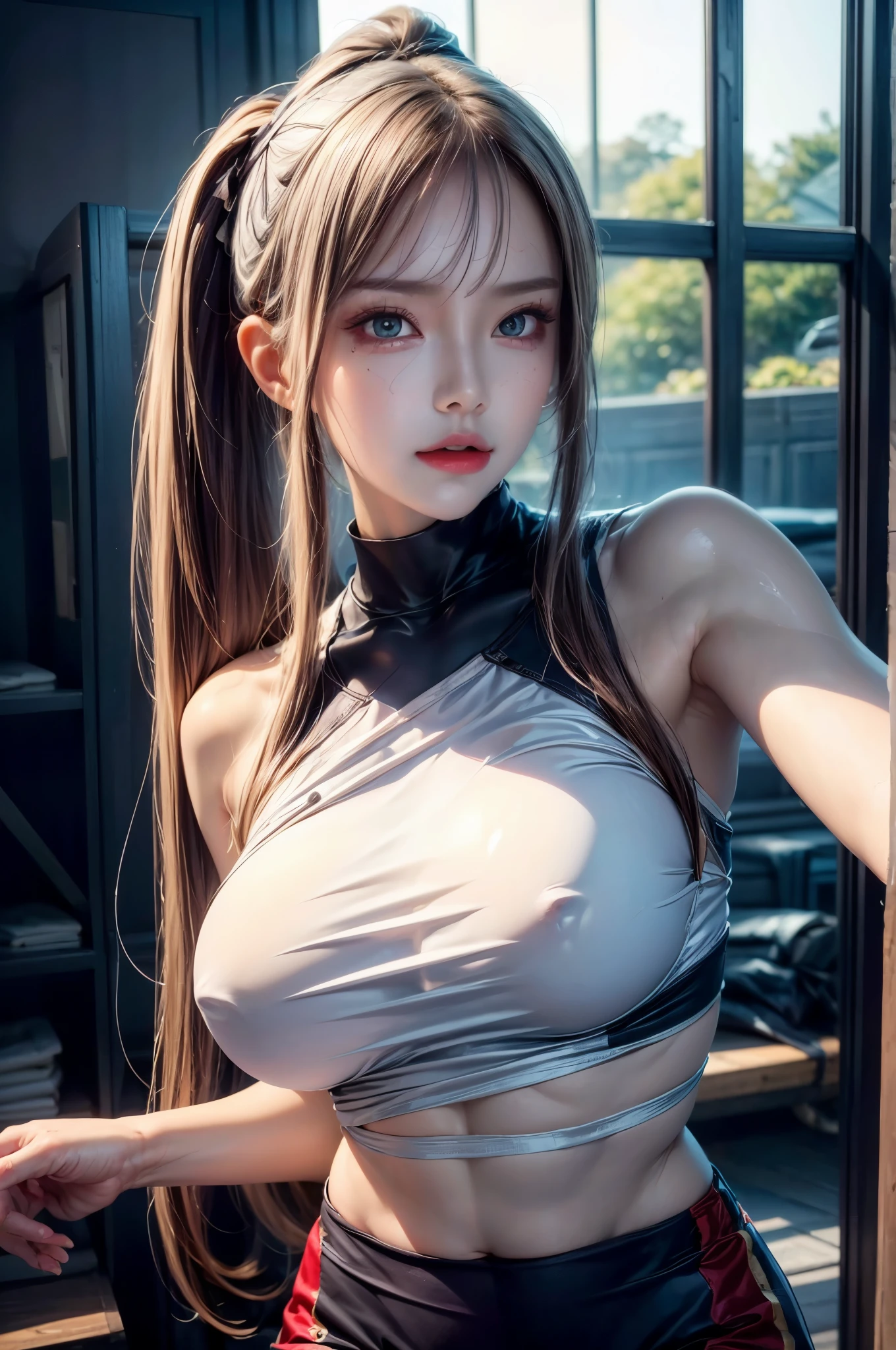 realistic, 1gril, per HD, 12k, wearing Allstars shoes, slim body, rather big body, six pack body, big round breasts, no clothes, beautiful breasts, looking at the camera, sitting on the sofa, long black hair, facial details, detailed person, body details, clothing details, hair details, body details, body details, breast details, vagina details, clothes, eye details, sweat details, water details, pose (knees bent and legs wide apart) whole body