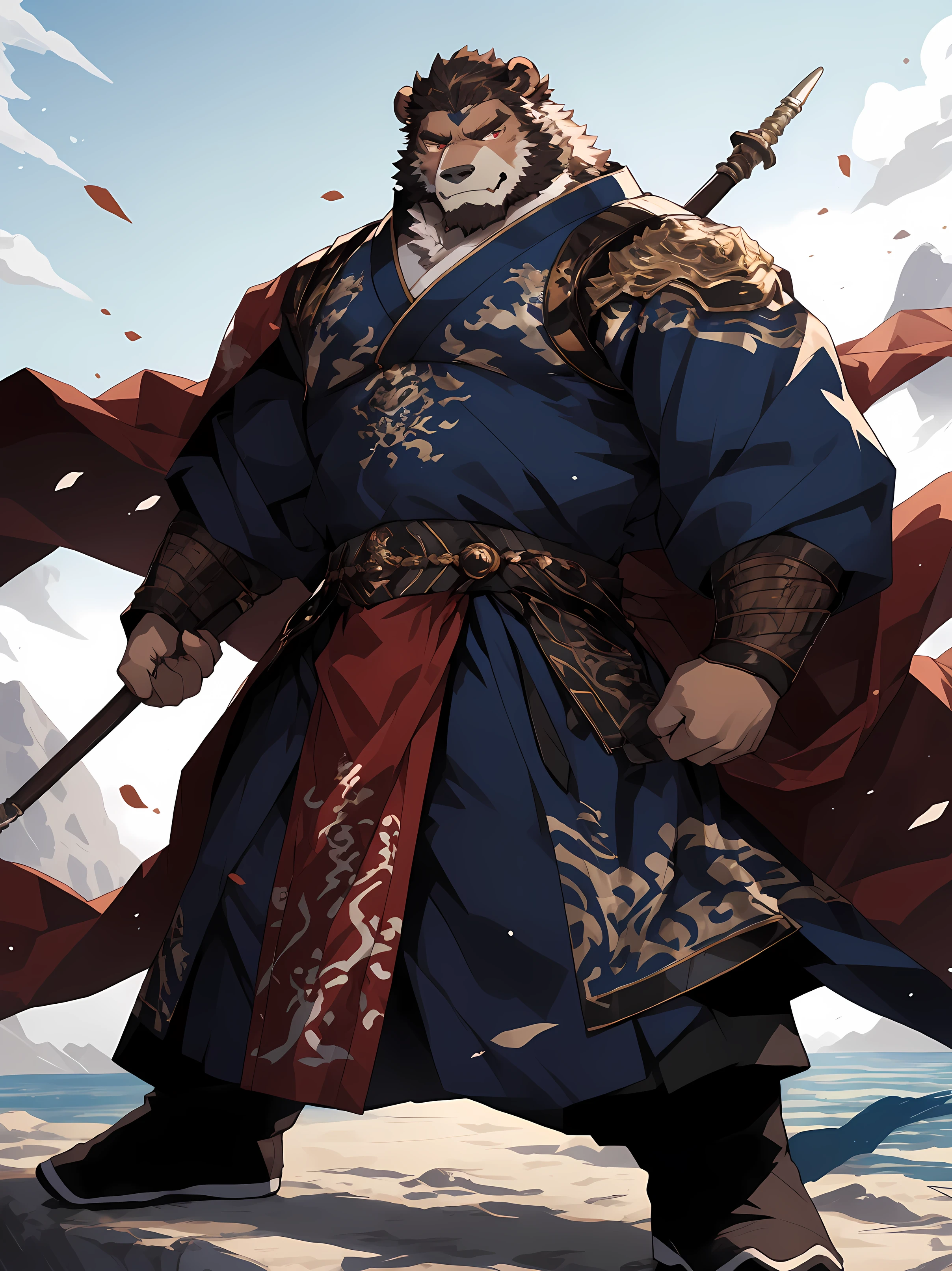 (Brown Bear),(Blue Flame General Shirt),Holding a spear,Powerful gesture,Stand confidently and proudly,(The background is the endless sea:1.2),abdominal muscle,Heroic Stance,A perfect masterpiece,Various facial details,Long-range view,specific description,masterpiece,CG,(Pale red eyes),Light green pattern,General,Heroic Stance,Brown Bear,Blue costume jewelry,Specific facial details,Half Body,(Blue Flame General Shoes),(Chang Ling),((middle aged)),(Face focus),(16K),HD,Brown and white belly,temple,beard,(facial lines),Different students,(Blue Fire Battle Robe),(Brown hair,White snout),Strong,muscle,(high resolution:1.3),Weeds underfoot