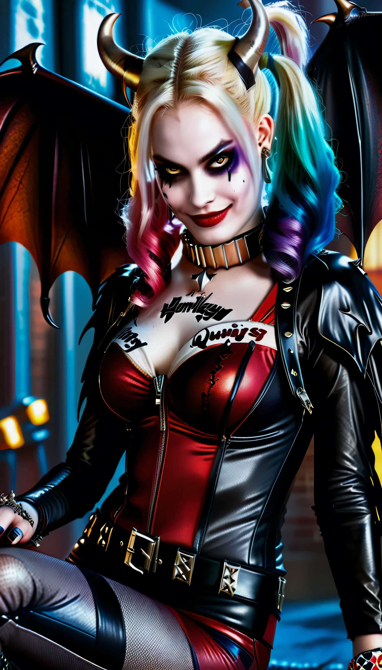 The female character Harley Quinn with long straight shiny black hair, bright yellow eyes, red skin, with bat wings on her back, with demon horns on her head, vampire fangs, white teeth, wearing black, moonlight, moon in the starry sky, in realistic art style.