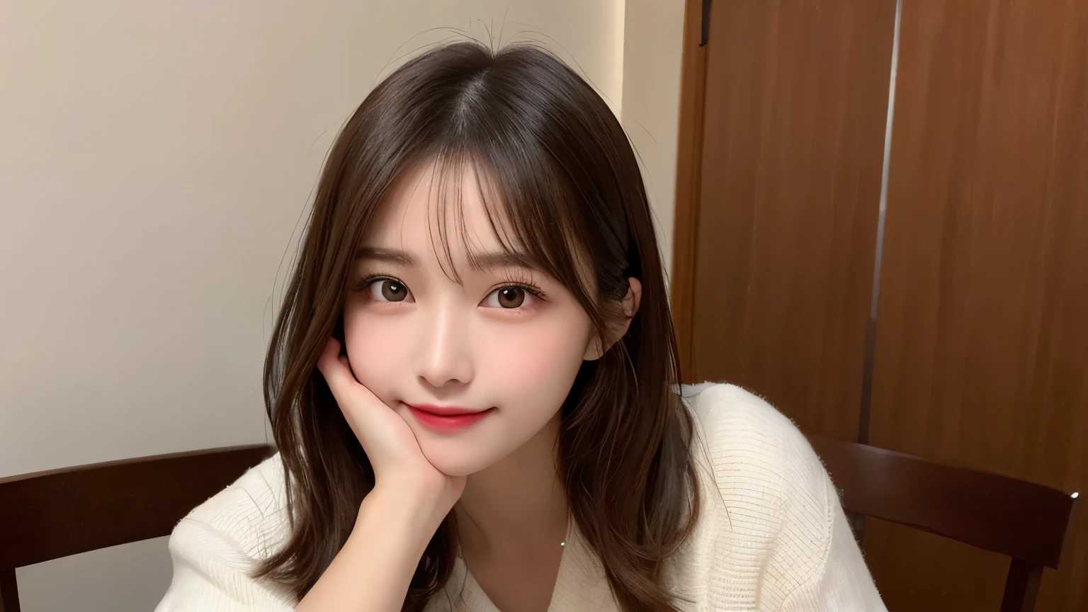 on the table, best quality, shape, Ultra Detailed, Finely, high resolution, 8k wallpaper, 完璧なダイナミックな構shape, Beautiful and delicate eyes, Medium Length Hair, Small Breasts, Natural lipstick, Casual sexy pose,Smile,20 year old girl、midnight、Beautiful and detailed face、Perfect beautiful face,big eyes、original photo、Use the whole body to express the feminine posture、Beautiful and delicate eyes、Small face、Beautiful duplex、Facelift and style,skirt、Beautiful golden ratio face,Long hair
