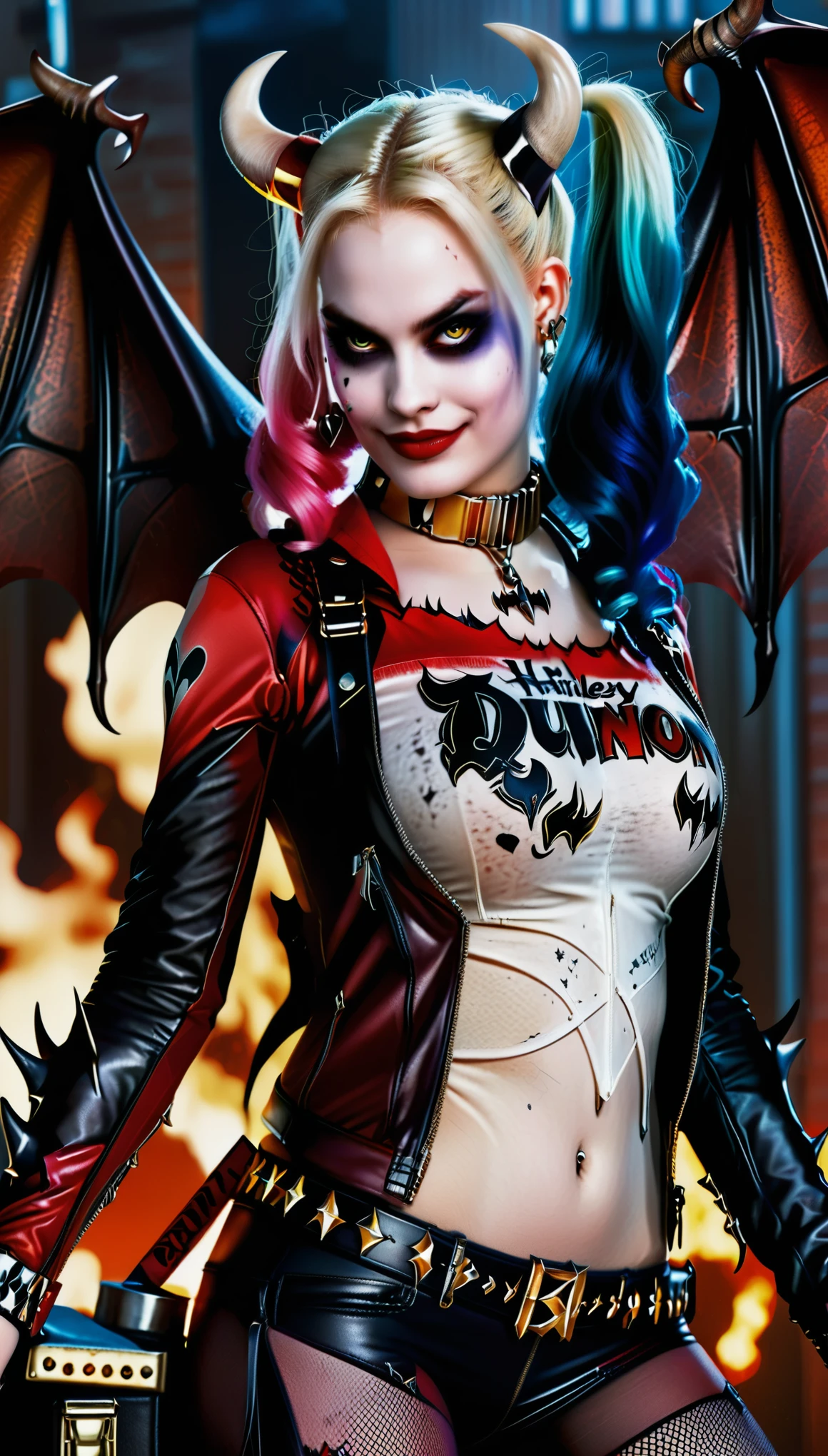 The female character Harley Quinn with long straight shiny black hair, bright yellow eyes, red skin, with bat wings on her back, with demon horns on her head, vampire fangs, white teeth, wearing black, moonlight, moon in the starry sky, in realistic art style.