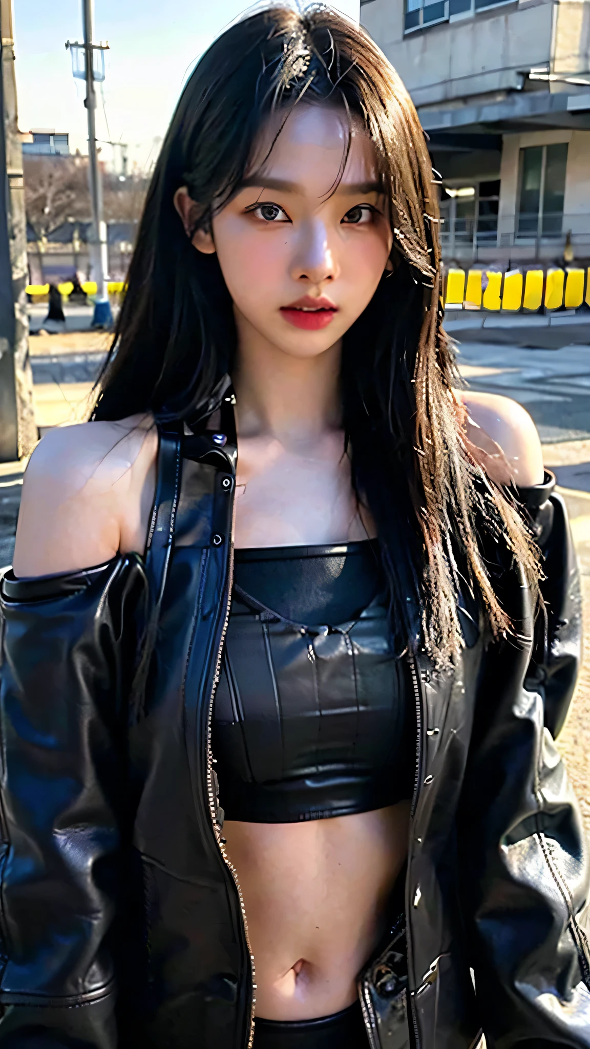 (8k、RAW Photos、top-quality、​masterpiece:1.2)、(realistic Photo-realsitic:1.37)、1girl in、japanese, 18-years old, face lights, Detailed face、Detailed lips, (wearing a black faux leather jacket over sports bra:1.5), (exposed right shoulder :1.5), right raised a bit, seductive pose, opened jacket, long black hair,