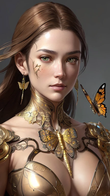 8k portrait of beautiful cyborg with brown hair, intricate, elegant, highly detailed, majestic, digital photography, art by artgerm and ruan jia and greg rutkowski surreal painting gold butterfly filigree, broken glass, (masterpiece, sidelighting, finely detailed beautiful eyes: 1.2), hdr,
