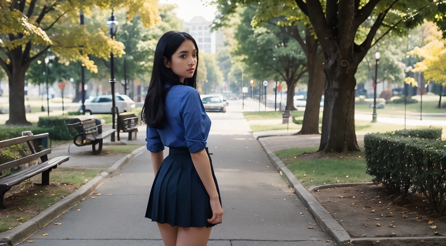 Girl in pleated blue skirt, tight blue shirt with unbuttoned buttons, long detailed black hair, standing full-length, beautiful legs, in park, back view , looking at camera, professional photo