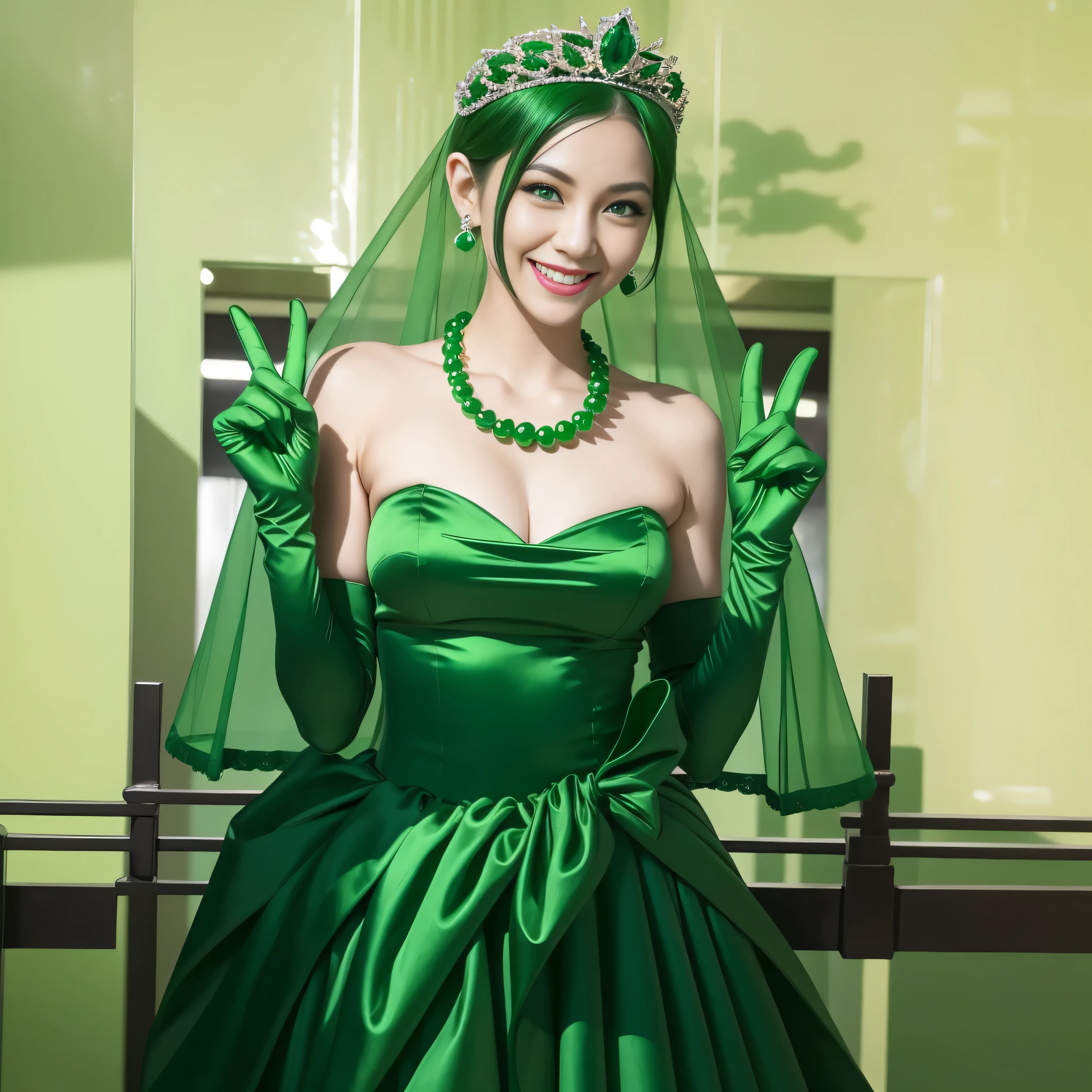 Emerald tiara, Green Pearl Necklace, Boyish very short green hair, lipstick, Smiling Japanese woman, Very short hair, Big tits beautiful, Green Eyes, Long green satin gloves, Green Eyes, v sign, Emerald Earrings, Green Veil