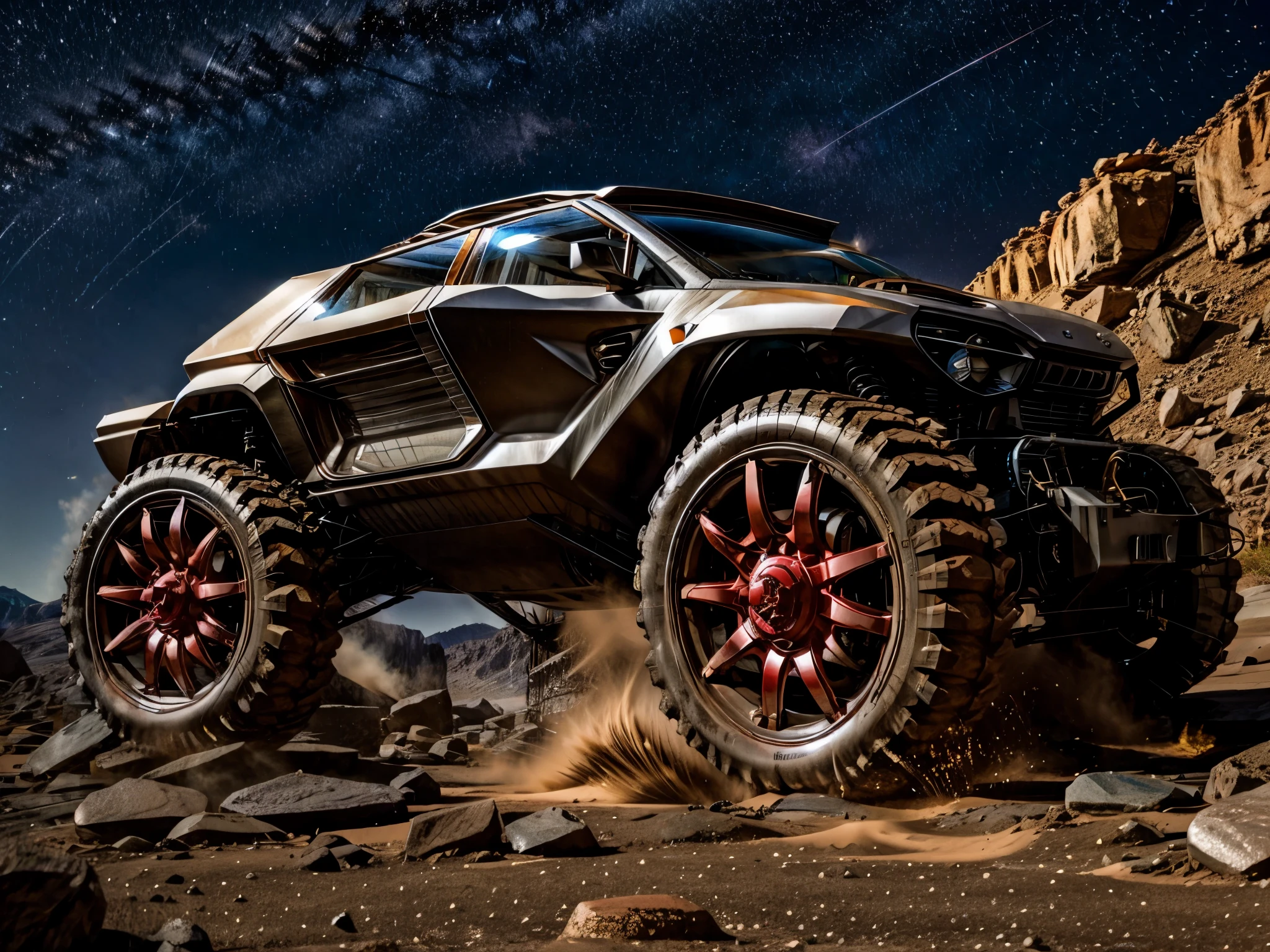 mars vehicle, 4x4 moth, tall vehicle, vehicle for rocky terrain, terreno de marte, rally vehicle, futuristic vehicle, futuristic vehicle em amrte, sky with moons and stars, universo, space, view of the earth from a distance, terreno vermelho, carro marte