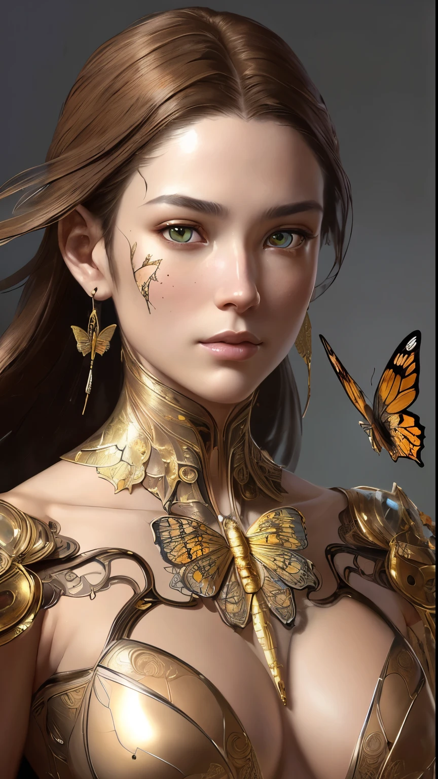 8k portrait of beautiful cyborg with brown hair, intricate, elegant, highly detailed, majestic, digital photography, art by artgerm and ruan jia and greg rutkowski surreal painting gold butterfly filigree, broken glass, (masterpiece, sidelighting, finely detailed beautiful eyes: 1.2), hdr, 