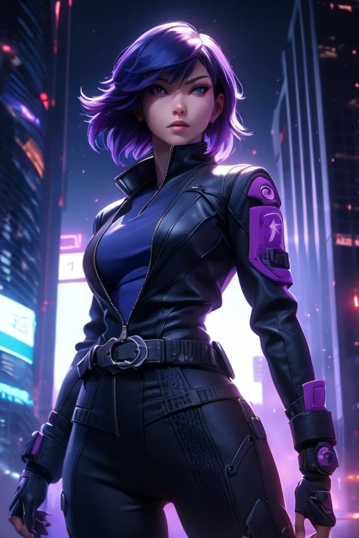 Motoko Kusanagi from Ghost in the Shell jumps backwards with a flip from roof edge of skyscrape, athletic build, tough and confident posture, detailed face expression, beautiful detailed purple eyes, open clothes, belt, open black jacket, black costume, beautiful detailed lips, long eyelashes, ,dramatic lighting,realistic colors,highres,vivid colors,stunning landscape background.