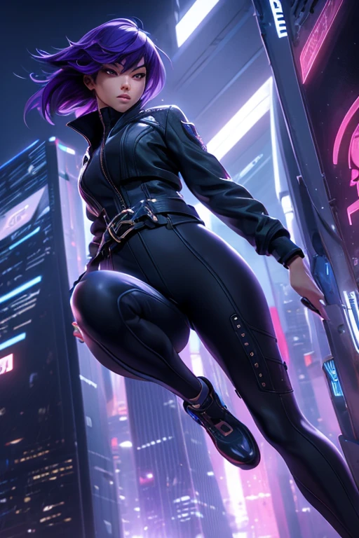 Motoko Kusanagi from Ghost in the Shell  jumps backwards with a flip from roof edge of skyscrape, athletic build, tough and confident posture, detailed face expression, beautiful detailed purple eyes, open clothes, belt, open black jacket, black costume,  beautiful detailed lips, long eyelashes, ,dramatic lighting,realistic colors,highres,vivid colors,stunning landscape background.