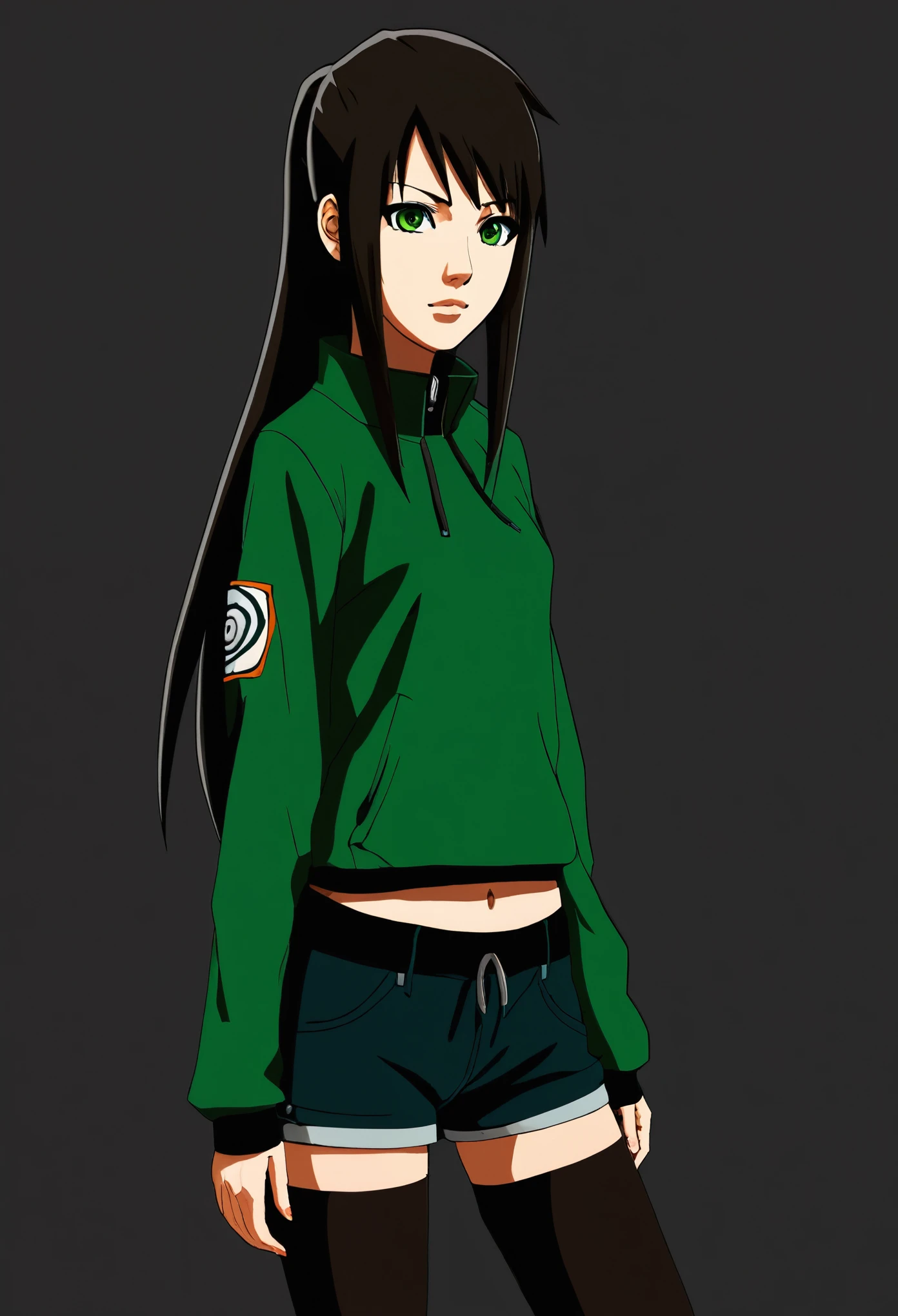 Estilo anime, Naruto, 2D, Chica joven, dark brown hair, ojos verdes, cabello corto, cola de caballo, ropa oscura
