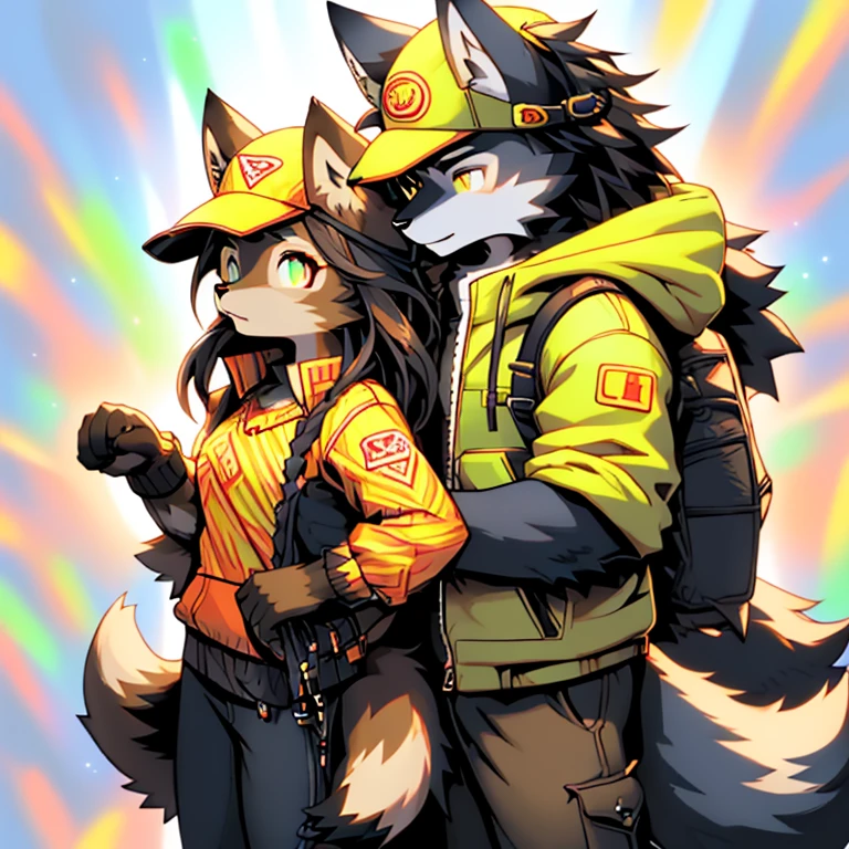 (wolf boy) (wolf girl) (-yeld (fle black wolf child), (bright green eyes), ((black fur, extremely long black hair))) (11-year-o (brown f child), (bright gold eyes), ((brown fur, short messy brown hair))) ((wolf girl yellow dress, newsboy-cap)) ((wolf boy gray-green jacket, khaki pants, hood down)) Fluffy anthropomorphic wolf, Fluffy wolf nose, wolf tail, Body fur, (detailed eyes) ((((wolf girl black fur)))) ((((wolf boy brown fur))))