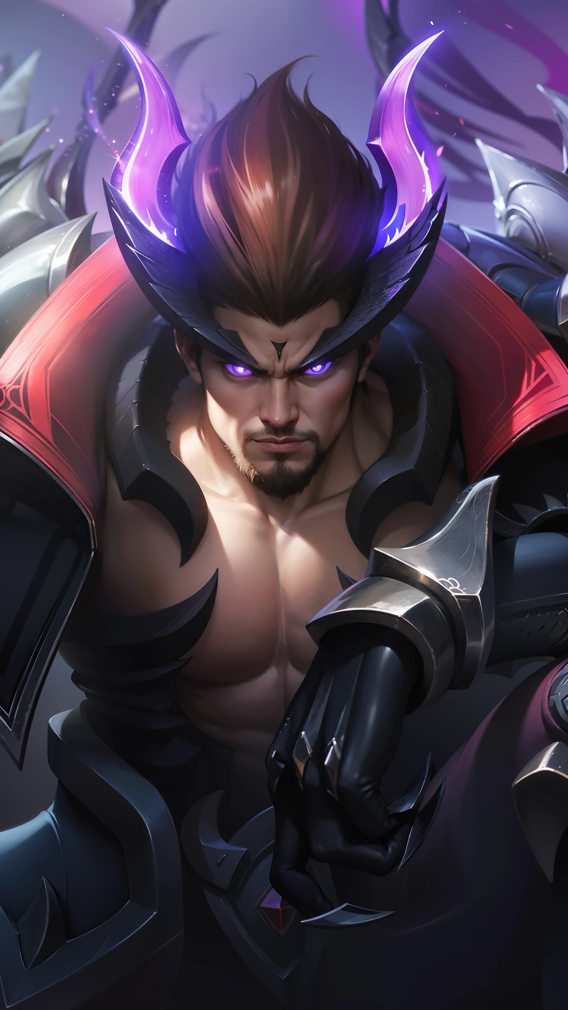 a close up of a guy with a sword and armor, gilgamesh, portrait of dragoon, casimir art, roguish smirk, sylas, official splash art, mobile legends, Best quality, masterpiece, detailed skin texture, detailed clothes texture, detailed face, super detail, 8k, intricate detail, 1 boy, The color doesn't change, Muscle guy, 1 guy, purple eyes.