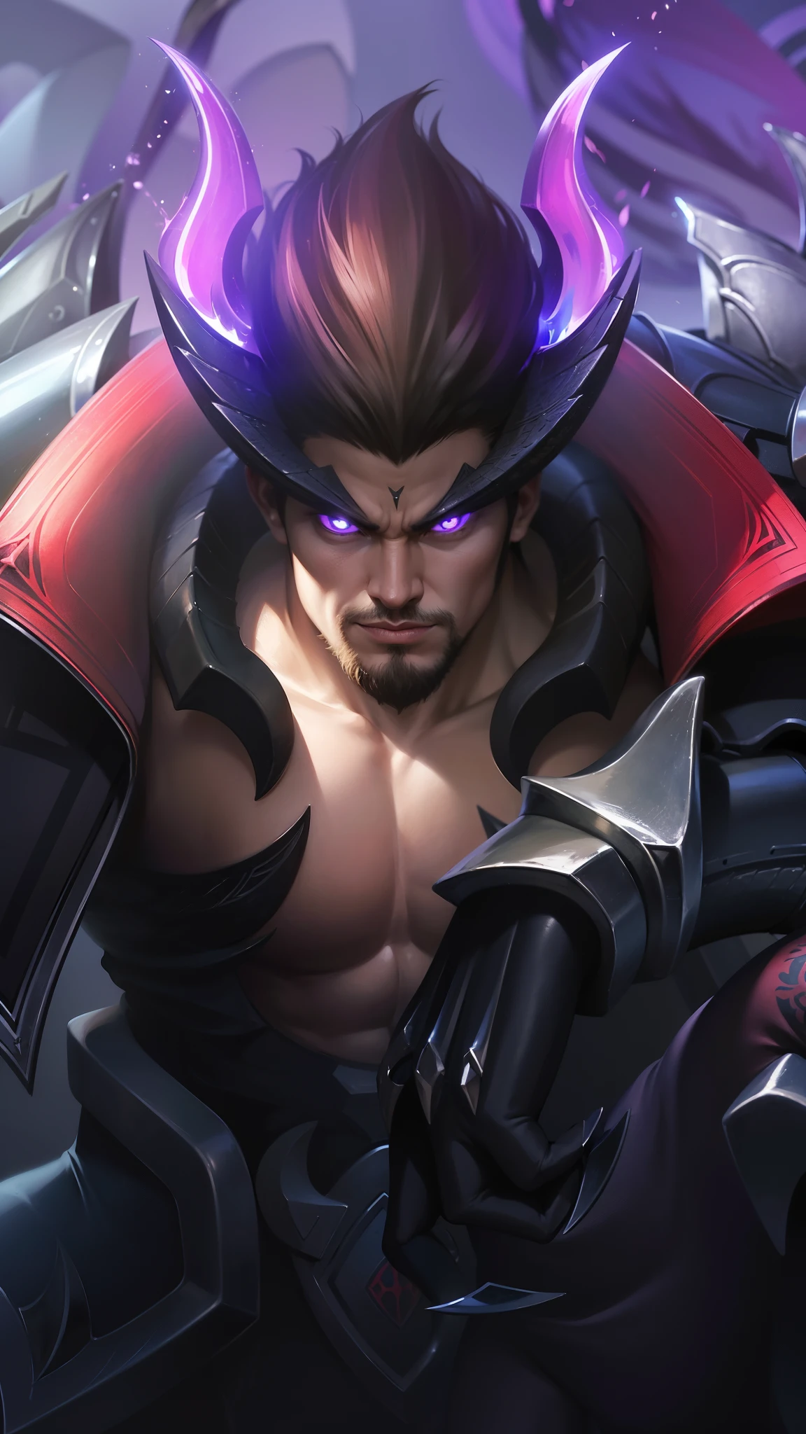 a close up of a guy with a sword and armor, gilgamesh, portrait of dragoon, casimir art, roguish smirk, sylas, official splash art, mobile legends, Best quality, masterpiece, detailed skin texture, detailed clothes texture, detailed face, super detail, 8k, intricate detail, 1 boy, The color doesn't change, Muscle guy, 1 guy, purple eyes.
