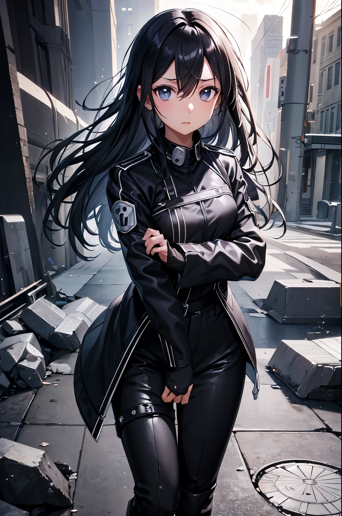 (masterpiece), best quality, expressive eyes, perfect face, highres, 1girl, solo, (female:1.5), kirito, black hair, long hair, black eyes, hair between eyes, black jacket, open jacket, black shirt, black pants, black fingerless gloves, standing, upper body portrait, looking at the viewer