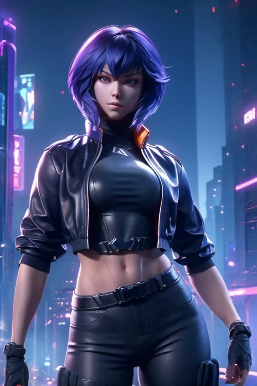 Motoko Kusanagi from Ghost in the Shell  jumps backwards with a flip from roof edge of skyscrape, athletic build, tough and confident posture, detailed face expression, beautiful detailed purple eyes, open clothes, belt, open black jacket, black costume,  beautiful detailed lips, long eyelashes, ,dramatic lighting,realistic colors,highres,vivid colors,stunning landscape background.