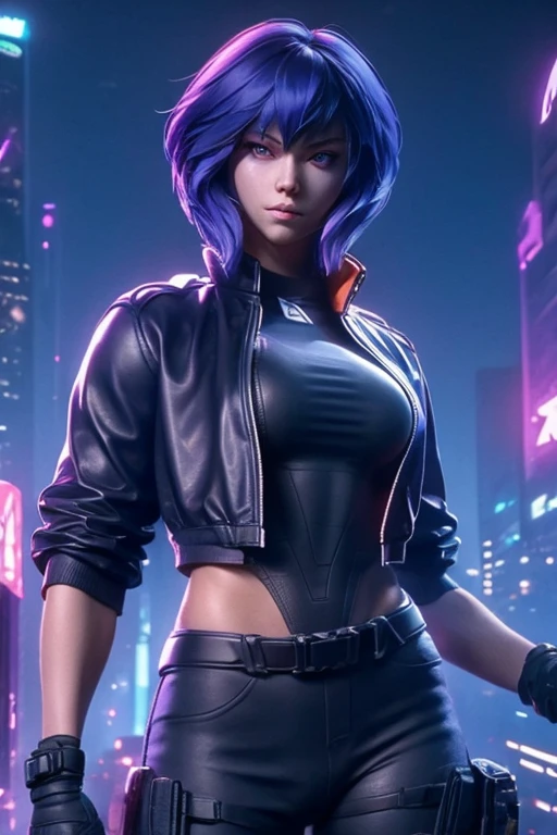 Motoko Kusanagi from Ghost in the Shell  jumps backwards with a flip from roof edge of skyscrape, athletic build, tough and confident posture, detailed face expression, beautiful detailed purple eyes, open clothes, belt, open black jacket, black costume,  beautiful detailed lips, long eyelashes, ,dramatic lighting,realistic colors,highres,vivid colors,stunning landscape background.