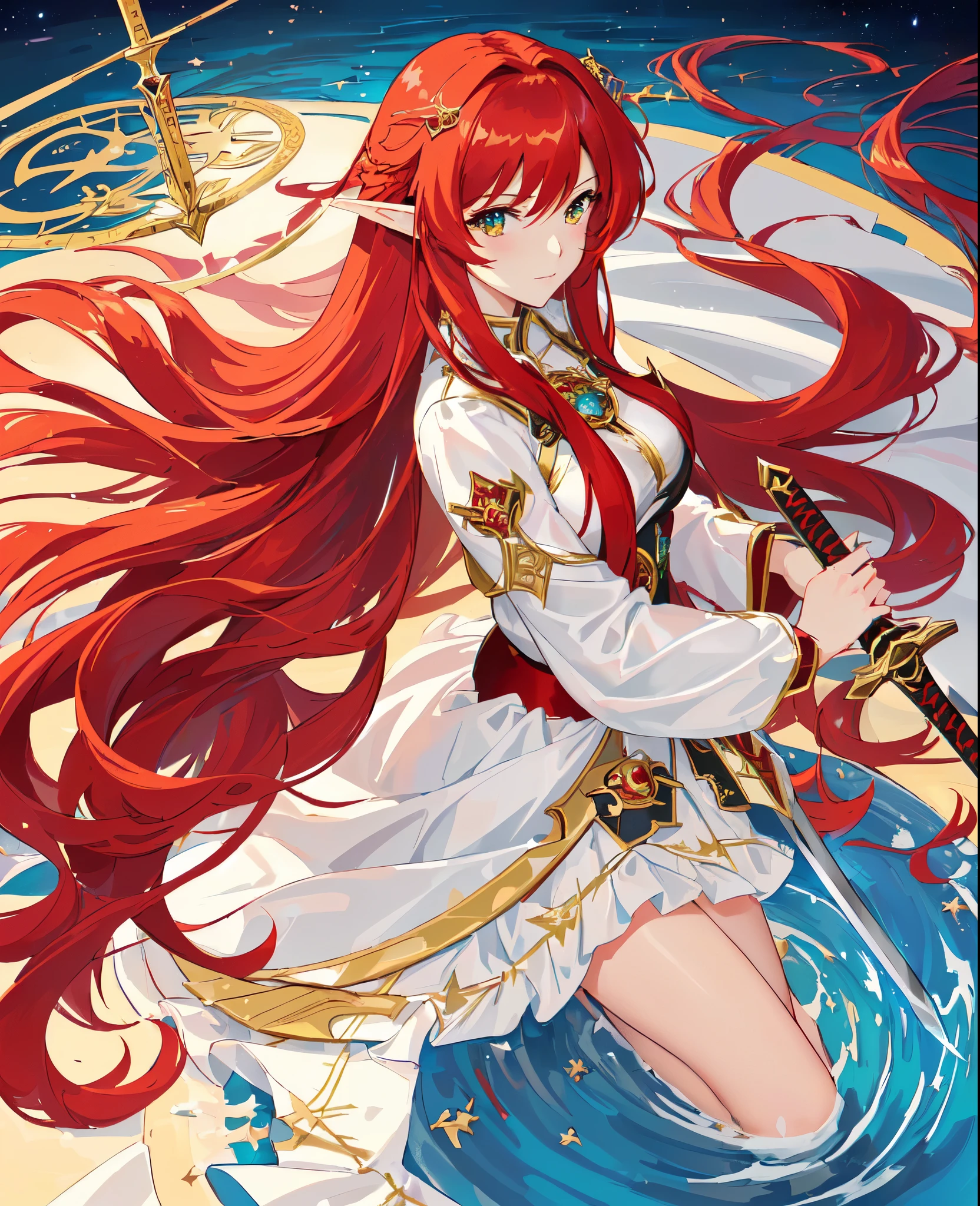 a close up of a woman with long red hair and a sword, my dress up darling anime, anime princess, anime goddess, portrait knights of zodiac girl, alluring elf princess knight, rias gremory, anime in fantasy style, anime waifu, elf princess knight, knights of zodiac girl, jellyfish shrine maiden 8k, waif
