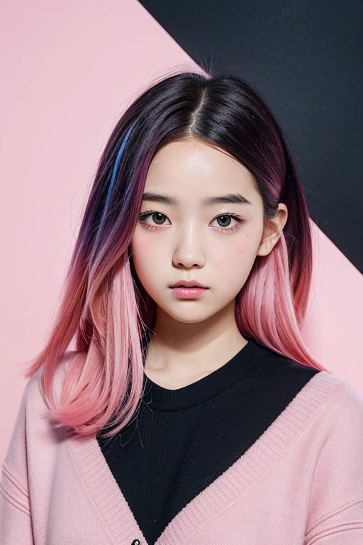 girl with a beautiful face, black and pink hair, defined details, messy school clothes, looking at the camera, "Generate an illustration in a style that blends organic shapes with geometric patterns, emphasizing vibrant colors and dynamic compositions."