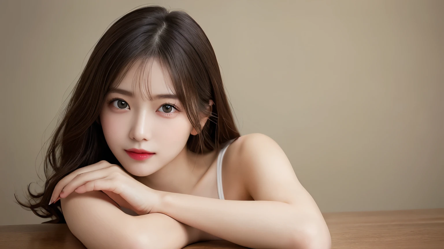 On the table, best quality, shape, Ultra Detailed, Finely, high resolution, 8k wallpaper, 完璧なダイナミックな構shape, Beautiful and delicate eyes, Medium Length Hair, Small Breasts, Natural lipstick, Casual sexy pose,Smile,20 year old girl、midnight、Beautiful and detailed face、Perfect beautiful face,big eyes、original photo、Expressing female posture using the whole body、Beautiful and delicate eyes、Small face、Beautiful duplex、Facelift and style,skirt、Beautiful golden ratio face,Long hair