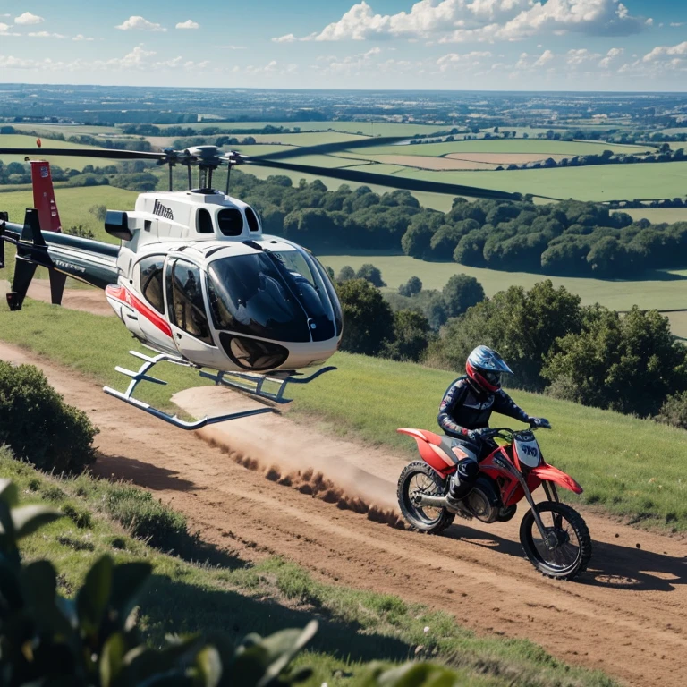 Agent Giovanni crashes a helicopter and rides away with a dirt bike in londons countryside