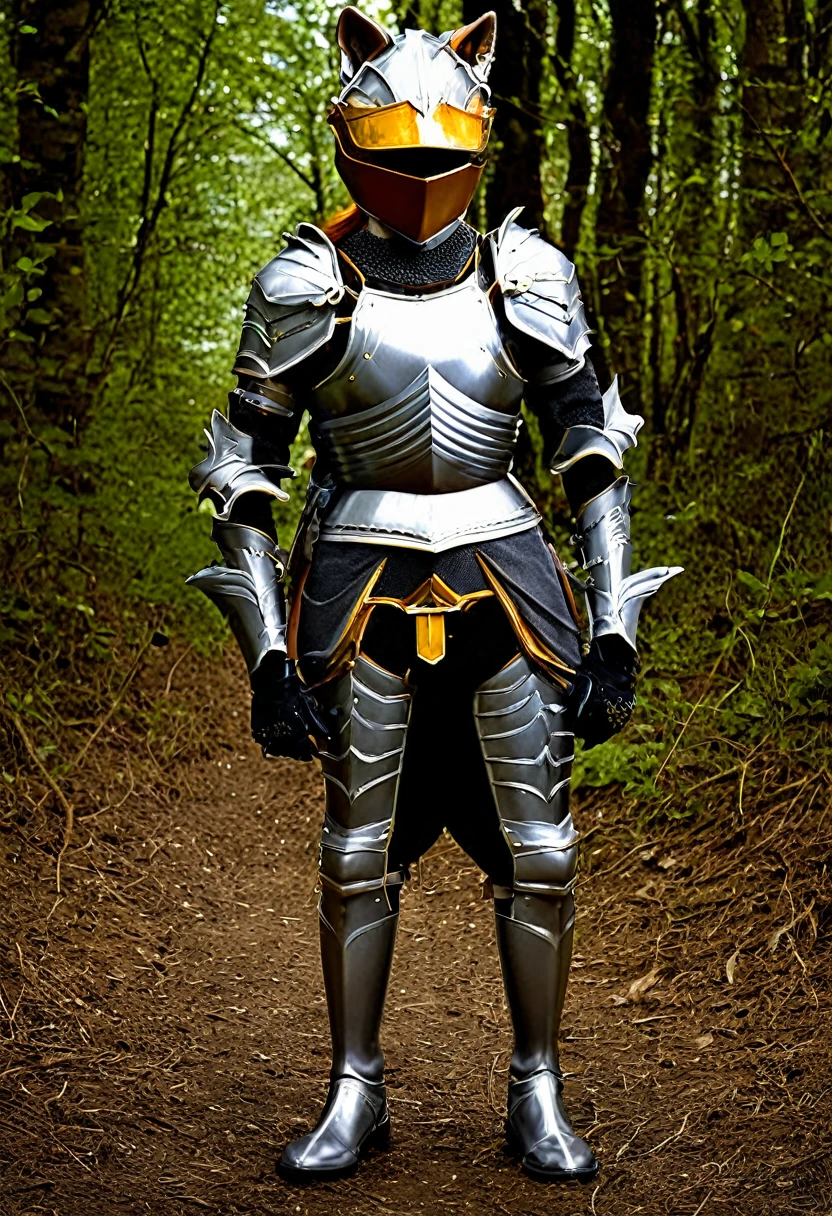 A humanoid fox woman using a middle ages templier armor.
The helmet of the armor has the shape of a bucket and a viewfinder in form of cross with a golden outline around it. 
The viewfinder is polarized so we cant see anything of her face.
Under the arms of the cross of the viewfinder there are three little holes at both sides of the helmet as if they were freckles in the face of the helmet. 
The helmet is silver as the rest of the armor.
We cant see the face or head of the fox girl, just her orange fox ears out of the helmet.
The part of the armor covering her chest is silver with two golden outlines close to her shoulders.
The chest armor is adapted to her female silhouette. 
Under the armor she's got a silver hauberk.
The part of the armor in the shoulders is just a silver piece.
She has another part of the armor covering her crotch and a belt that is holding a sword.
The armor part in her crotch is just in silver color.
She has gauntlets with golden outlines at the end of them in her forearm. 
The gauntlets are silver as well. 
She has white baggy pants but her feet are covered above her calf to the knees by the boots of the armor which are also silver with a couple of golden outlines.
The white baggy pants are wrapped under the boots.
The fox templier woman is holding an M249 machine gun.