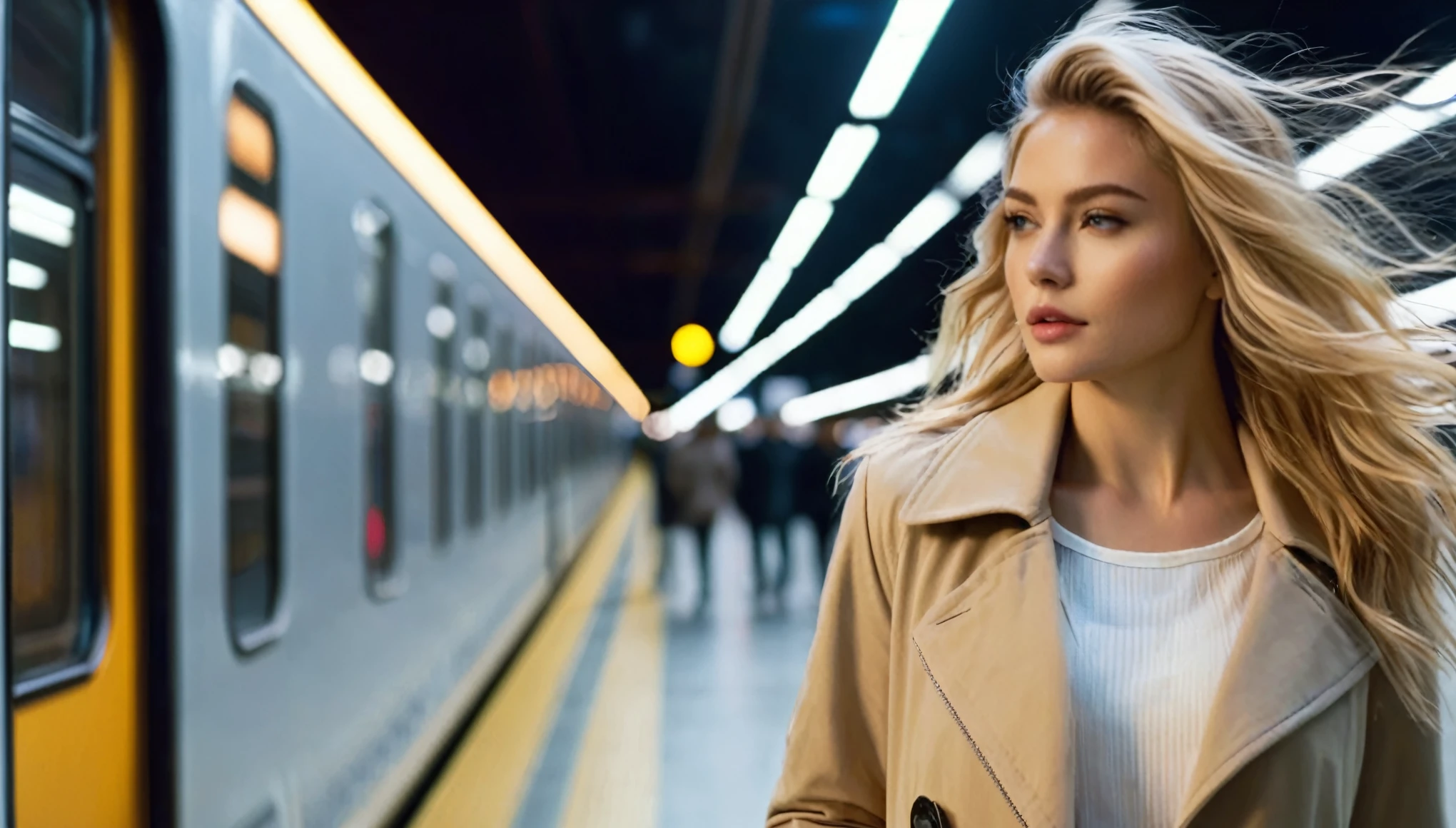 side view full body shot of A beautiful blonde stylish woman walking forward on a platform of the train station in a megacity at night , and turning back to looking back to the viewer, a futuristic train in the background . She has (long wavy blonde hair blown in the wind), wearing beige colored coat with white blouse, Award - winning photograph, Masterpiece, 8k, ultra high res, hyper detailed, beautiful woman, perfect face, rule of thirds, highly detailed hair, ((detailed face)), ((detailed facial features)), (finely detailed skin), pale skin, intricate details, amazing fine detail, photorealistic, photograph, photorealism, rich colors, lifelike texture, neutral colors, Soft front light,cinematic lighting, dramatic lighting,dappled light on face, backlight on hair, sharp focus, wide angle, film grain, dslr, raw photo, photographed on Nikon