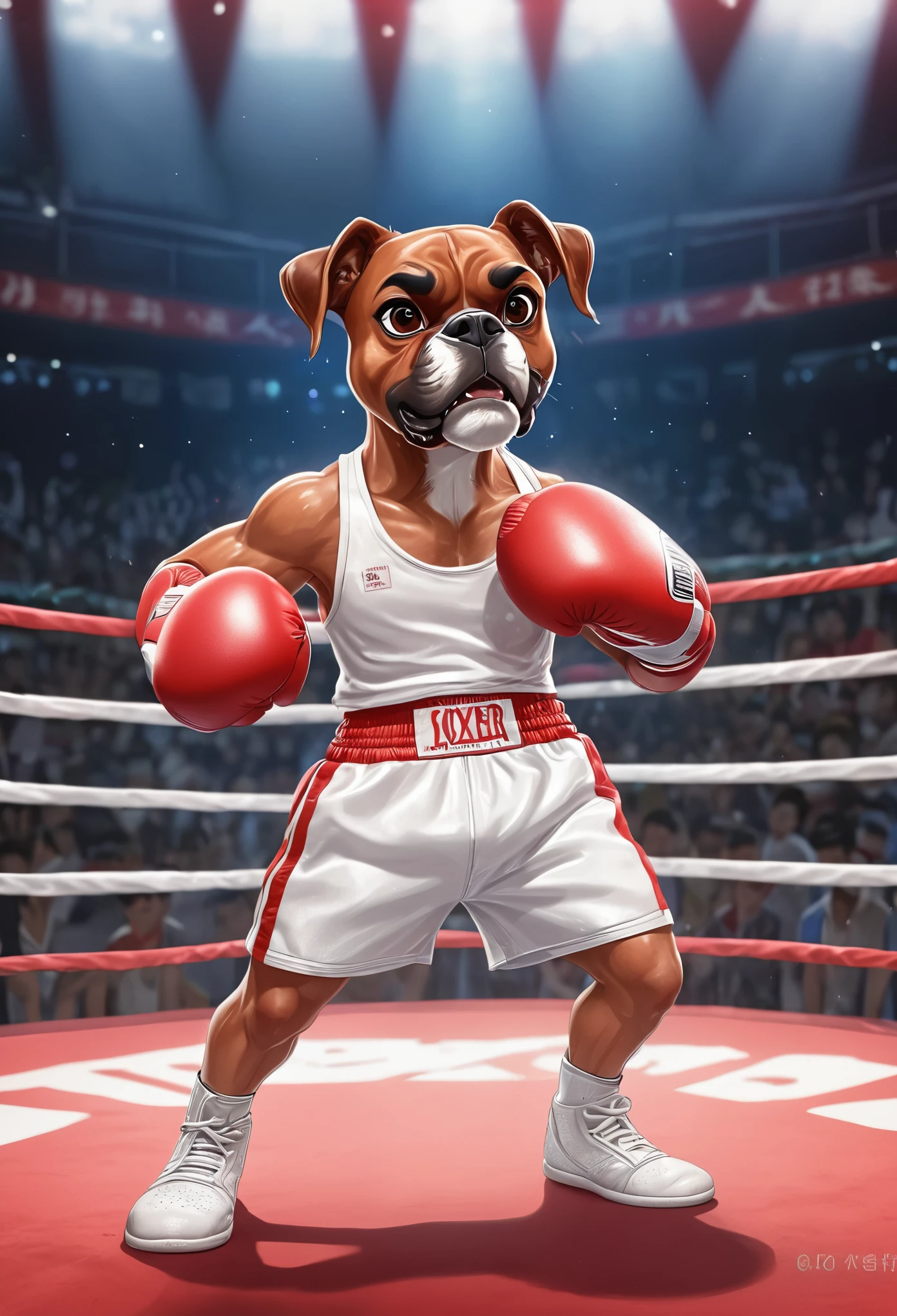 打扮成boxer（boxer），Wearing white(((Sports vest))), ((Red sports shorts))，boxer套，Standing in the ring，(Intricate details) (8k) (Exquisite eyes) (Clear focus), (Happy)Cartoon Style