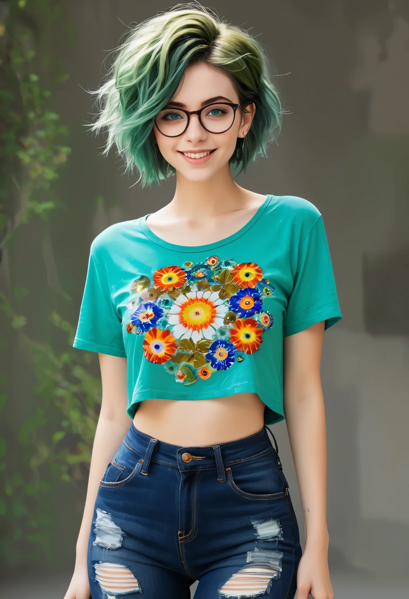 Millefiori glass style,masterpiece, best quality, 1 Girl, Solitary, 23 years old, aldult, teal and green hair, Messy hair, Asymmetrical hair, Ahog, Very short hair, aqua eyes, Medium breasts, tune, 167 cm, Pale skin, Glasses, Grin, olive green shirt, jeans, midriff peek,