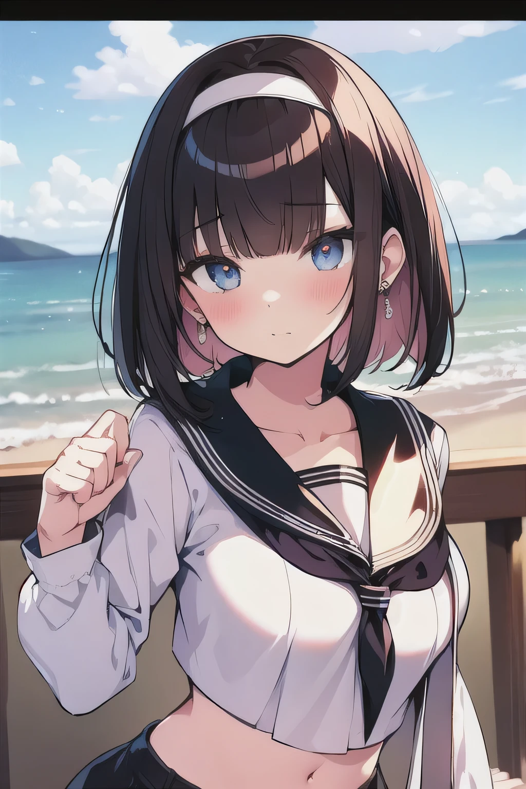 (best quality), (Super detailed), (Best Illustration), (masterpiece), (woman), High Contrast, upper body, (white serafuku), (large breasts), {(detailed eyes), blue eyes}, {brown hair, (sideburns), (bob cut:1.3), curly hair, hairs between eyes, colored inner hair}, blush, earring, hair band, (wind), beautiful sky, (panoramic view:1.4)