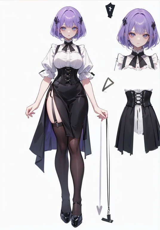 ((Perfect Face)),Purple Hair,Shortcuts,Adult female,bartender,((Body Harness)),((Shirt with rolled up sleeves)),tie,Black vest,((corset)),(skirt)((slit)),,((Simple Background)),smile,((full body)),((Full Body)),((whole body))Character portrait,((upright)),Both arms are lowered,