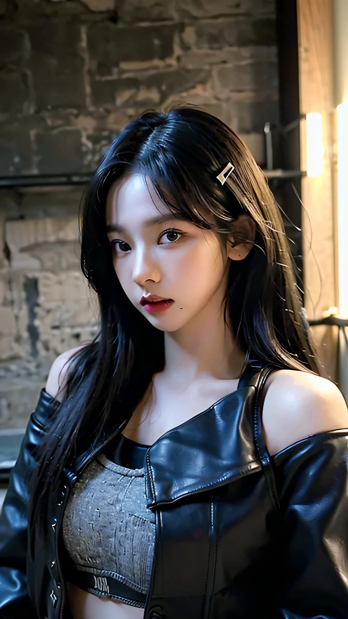 (8k、RAW Photos、top-quality、​masterpiece:1.2)、(realistic Photo-realsitic:1.37)、1girl in、korean, face lights, Detailed face、Detailed lips, (wearing a black faux leather jacket over sports bra:1.5), (exposed right shoulder :1.5), right raised a bit, seductive pose, opened jacket, long black hair, tatto girl, tatto