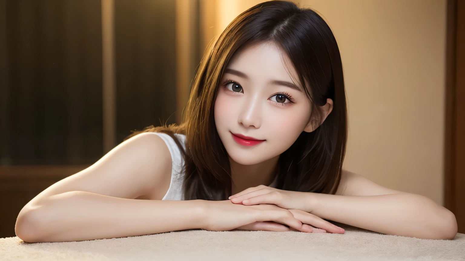 on the table, best quality, shape, Ultra Detailed, Finely, high resolution, 8k wallpaper, 完璧なダイナミックな構shape, Beautiful and delicate eyes, Medium Length Hair, Small Breasts, Natural lipstick, Casual sexy pose,Smile,20 year old girl、midnight、Beautiful and detailed face、Perfect beautiful face,big eyes、original photo、Use the whole body to express the feminine posture、Beautiful and delicate eyes、Small face、Beautiful duplex、Facelift and style,skirt、Beautiful golden ratio face,Long hair