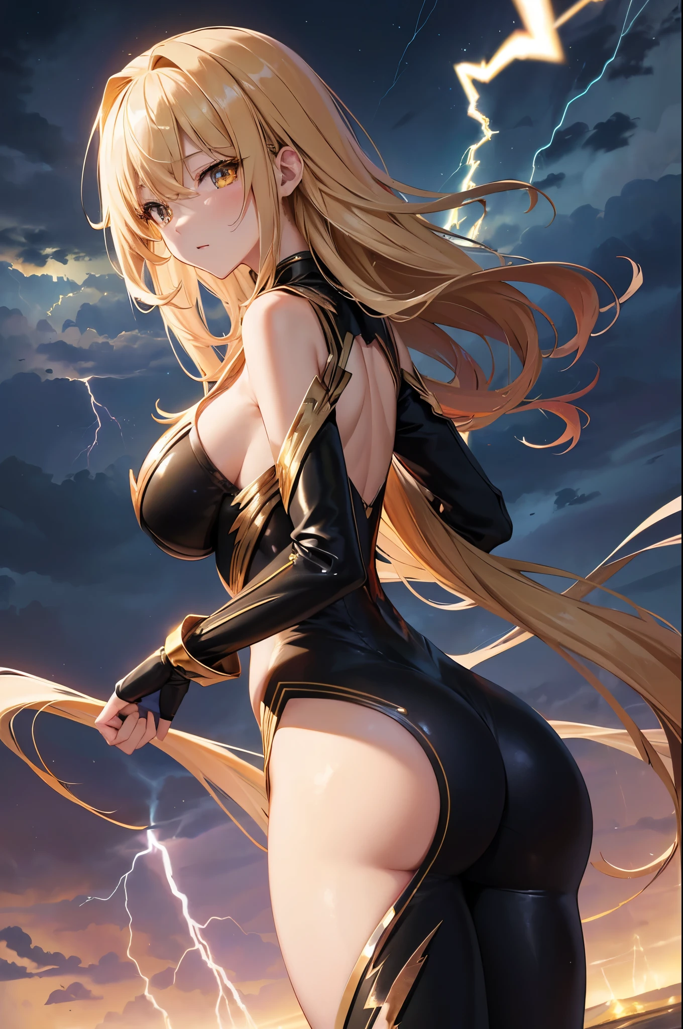 top-quality、Top image quality、​masterpiece、(MILF)、Best Bust、(large breasts , wide hips ),beautiful golden eyes、Breasts wide open , Blonde long hair、A slender、gold Bodysuit, Reflecting the whole body、Gold ring on wrist、hiquality、Beautiful Art、Background with((nigh sky、black clouds、lightning bolt、Intense thunder、Thunderbolt、Red thunder、Blue lightning strike、Gold Thunder)))masutepiece、visualart、depth of fields、sky at night , seducitve pose , from behind , ass ,sexy