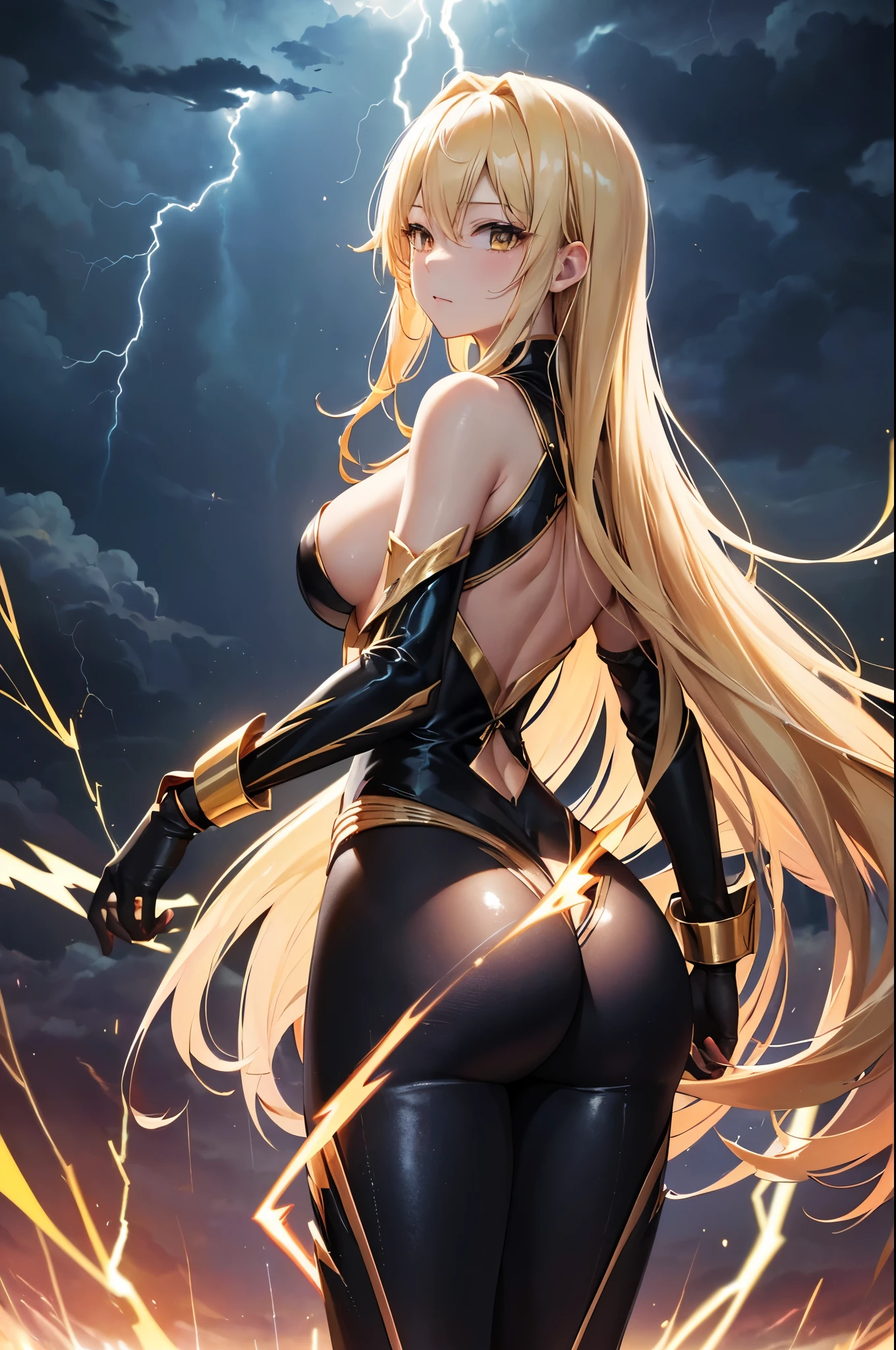 top-quality、Top image quality、​masterpiece、(MILF)、Best Bust、(large breasts , wide hips ),beautiful golden eyes、Breasts wide open , Blonde long hair、A slender、gold Bodysuit, Reflecting the whole body、Gold ring on wrist、hiquality、Beautiful Art、Background with((nigh sky、black clouds、lightning bolt、Intense thunder、Thunderbolt、Red thunder、Blue lightning strike、Gold Thunder)))masutepiece、visualart、depth of fields、sky at night , seducitve pose , from behind , ass ,sexy