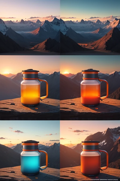 5 Thermoses in nature in the mountains at sunrise one red one orange one yellow one sky blue and the last blue with a hand holder in each of the black thermoses and a straw hole which can be opened or closed