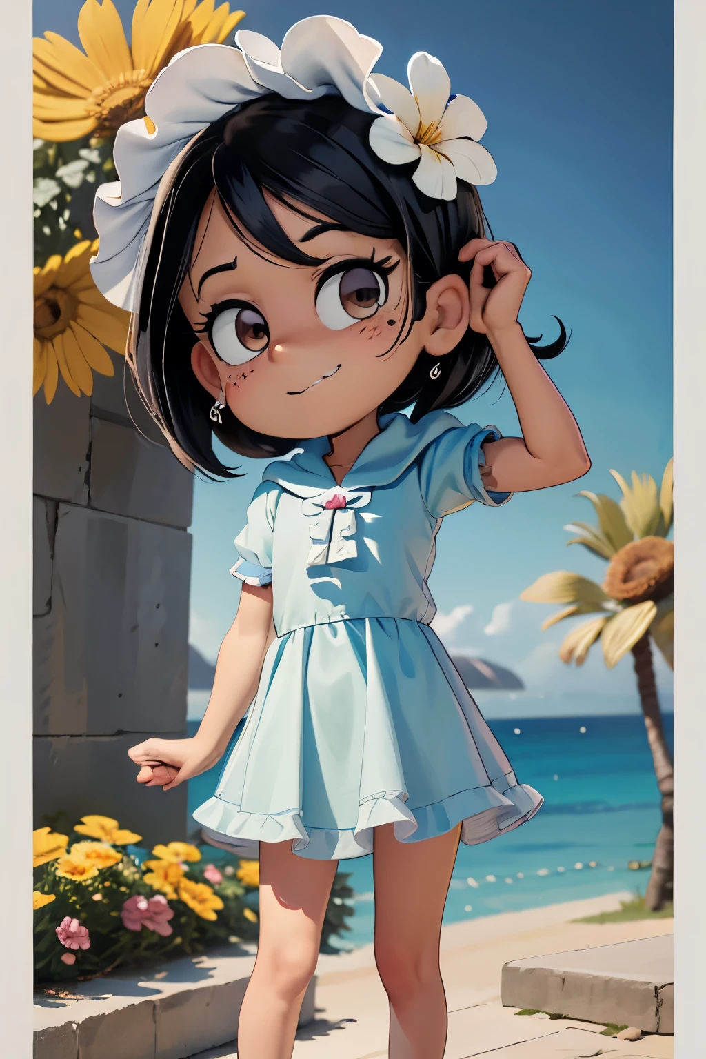 Obra maestra, mejor calidad, 1 chica, solo, Largo_cabello, mirando_en_espectador, white cabello, ojos rojos, sonrisa, golpes, Falda, camisa, Largo_mangas, hen, vestido, arco, tenencia, cerrado_boca, flor, volantes, cabello_flor, Petals, ramo, tenencia_flor, centro_volantes, hood, tenencia_ramo, tachi-e, cuerpo completo, Fondo blanco,