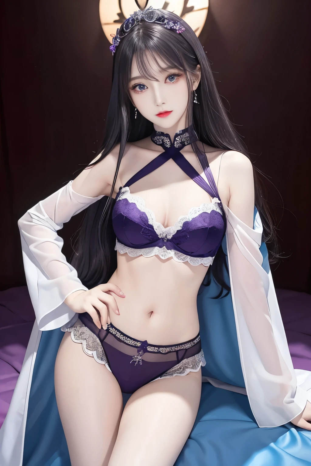 Top image quality、Raw photography、A high resolution、20-year-old cool Korean、big round chest、thin silk coat、lace underwear、Beautiful Eyes of Details、very elongated eyes、Beautiful eyelashes、Beautiful double eyelids、eyeshadows、 wearing super tight mini boxers,long legs,medium thighs, beautiful eyes finely detailed、elongated eyes、long eyeslashes、Beautiful double eyelids、eyeshadows、earrings、shiny white skin、 red, black, purple, violet, pink, yellow, white, blue, cyan, chuppy body,