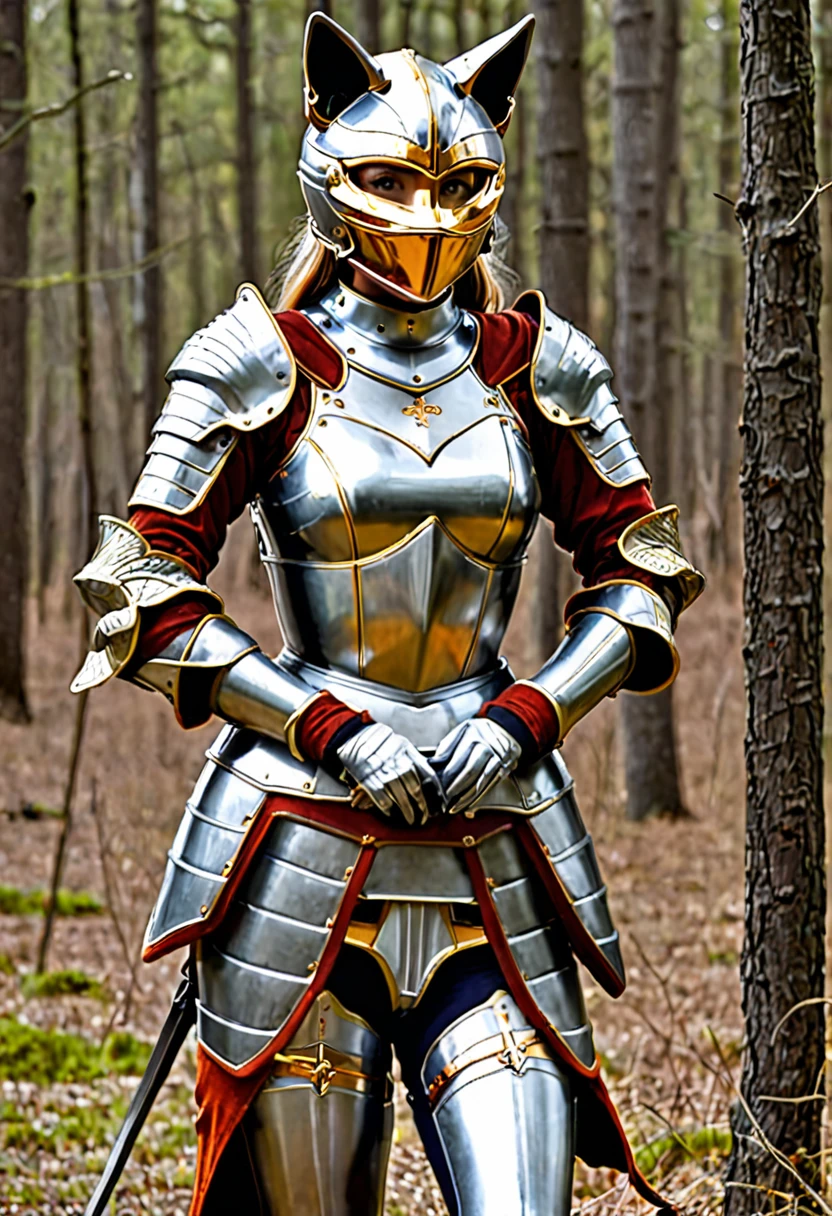 A humanoid fox woman using a middle ages templier armor.
The helmet of the armor has the shape of a bucket and a viewfinder in form of cross with a golden outline around it. 
The viewfinder is polarized so we cant see anything of her face.
Under the arms of the cross of the viewfinder there are three little holes at both sides of the helmet as if they were freckles in the face of the helmet. 
The helmet is silver as the rest of the armor.
We cant see the face or head of the fox girl, just her orange fox ears out of the helmet.
The part of the armor covering her chest is silver with two golden outlines close to her shoulders.
The chest armor is adapted to her female silhouette. 
Under the armor she's got a silver hauberk.
The part of the armor in the shoulders is just a silver piece.
She has another part of the armor covering her crotch and a belt that is holding a sword.
The armor part in her crotch is just in silver color.
She has gauntlets with golden outlines at the end of them in her forearm. 
The gauntlets are silver as well. 
She has white baggy pants but her feet are covered above her calf to the knees by the boots of the armor which are also silver with a couple of golden outlines.
The white baggy pants are wrapped under the boots.
The fox templier woman is holding an M249 machine gun.