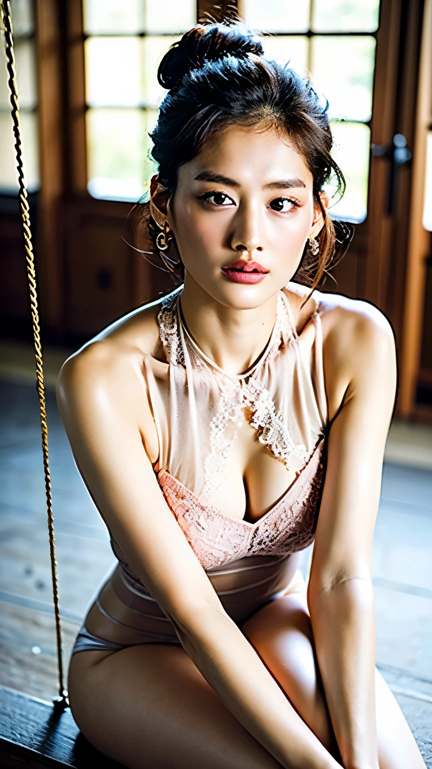 Haruka Ayase's face, Erika Toda's face, Japanese Woman, Black sheer shirt on the beautiful black lingerie, 1Person, on the sofa, cowboy shot、perfect anatomy, spread your legs, masterpiece、natural makeup, earrings, necklace, white and smooth skin, ultra high resolution photos, perfect feminine proportions, perfect eyes, brown eyes, unparalleled beauty, professional lighting, smile, Burning cheeks, long hair, thick lips, firm and rich chest、the sea seen from a window,