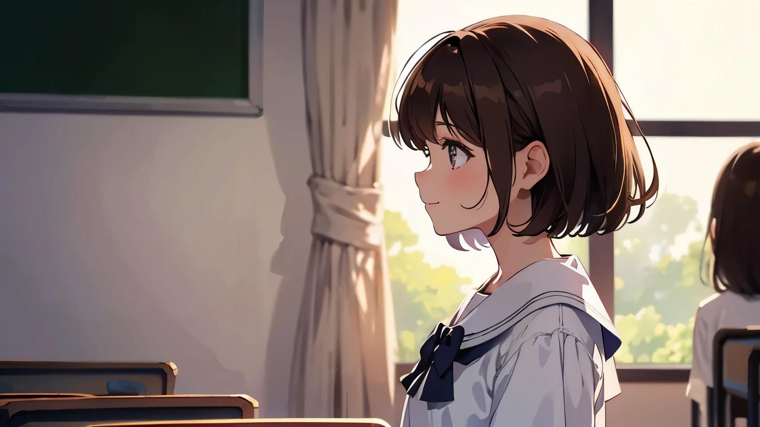 4K res, top quality, masterpiece, cute, brown hair, short hair, beautiful eyes, sparkling eyes, looking out the window, white blouse, profile, shot from the side, classroom, studying, happy expression